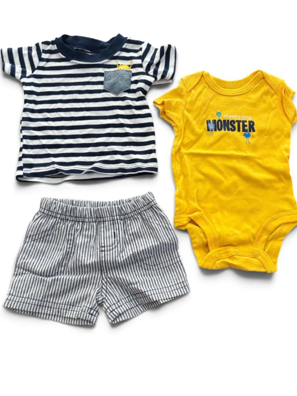 NWT Carter’s Baby Boy 3-Piece Outfit Striped Shirt Monster Bodysuit Shorts Set